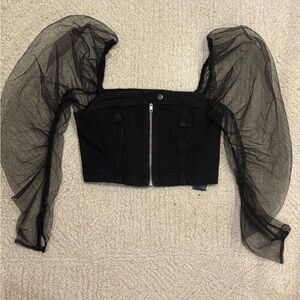 Black Pilcro Puff-Sleeve Mesh Top